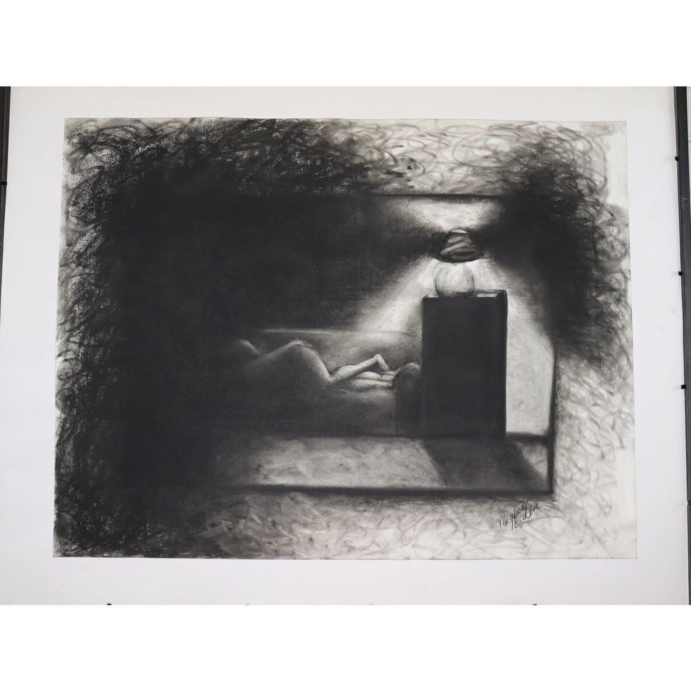 Original Charcoal Drawing Figurative Surreal Art Large 18x23.5 Framed OOAK